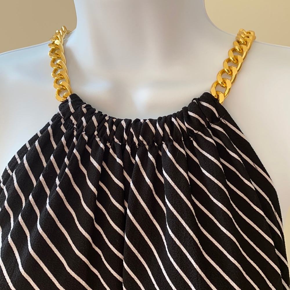 Michael Kors Black and White Striped Dress with Gold Chain Straps